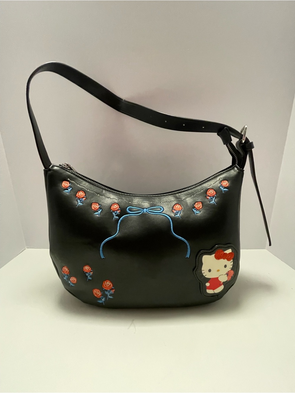 Box Lunch Hello Kitty Black Leather Shoulder Bag with Floral Embroidery